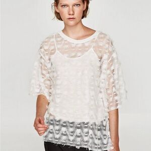 Zara Open Knit Fringe Top Women's White Size Small Cami Layered